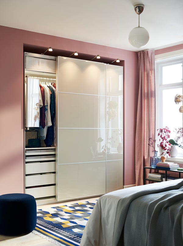 HOKKSUND 4 panels for sliding door frame, high-gloss light beige, 100x236 cm