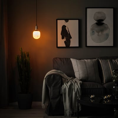 JÄLLBY / MOLNART Pendant lamp with light bulb, nickel-plated/tube-shaped white/clear glass