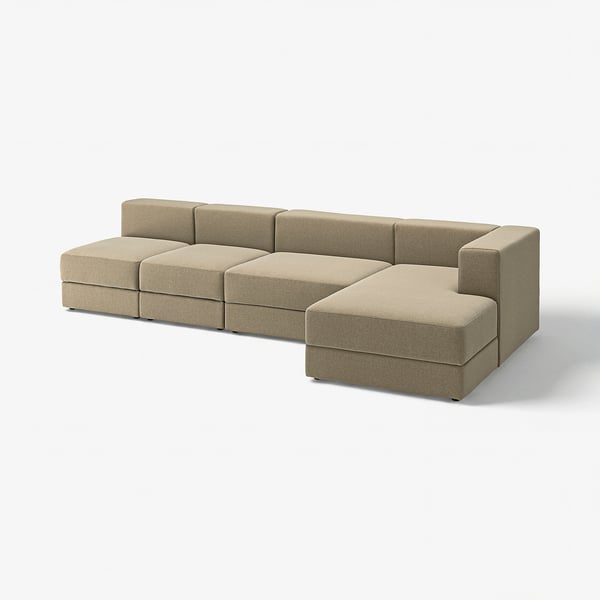 Modern beige sectional sofa with chaise, clean lines, soft cushions for comfort.
