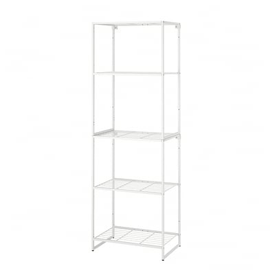 A white JOSTEIN shelving unit with four metal shelves, designed for indoor and outdoor use in humid areas.