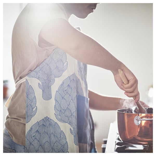 KÅLFJÄRIL Apron, patterned blue/light beige, 67x85 cm