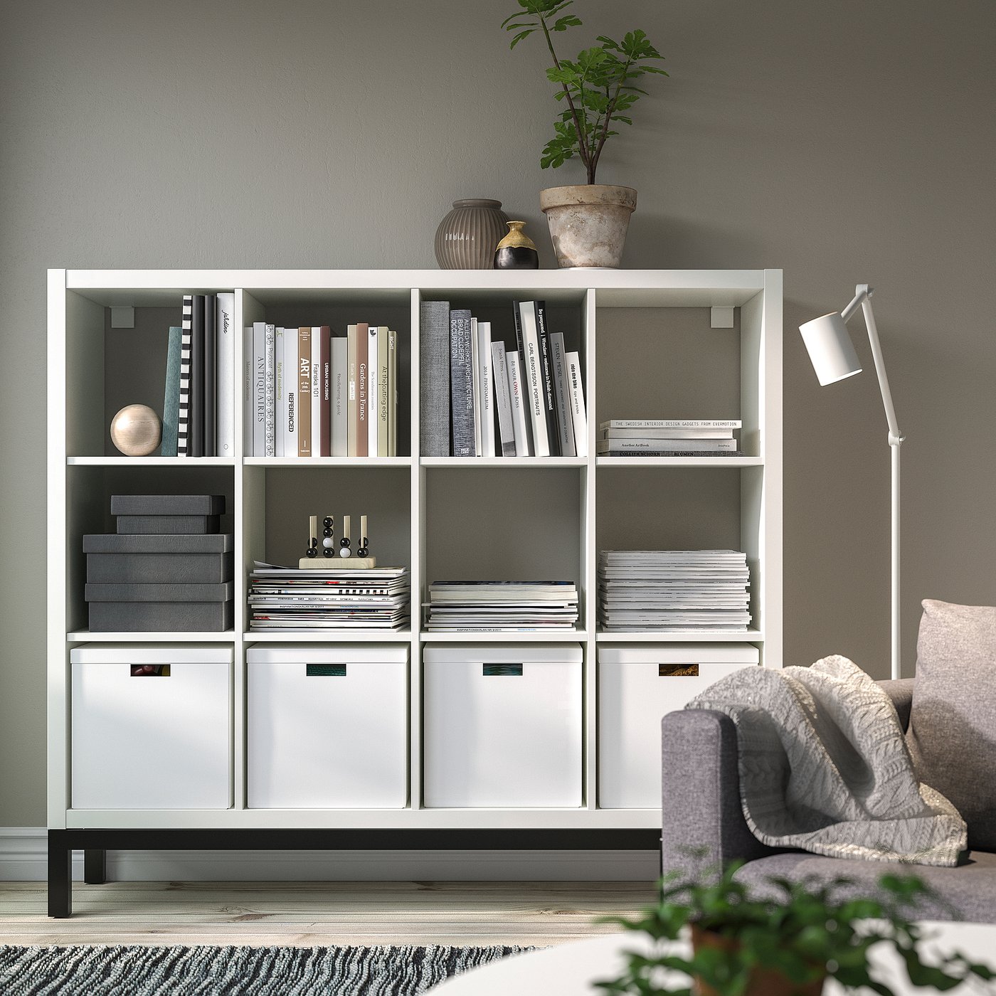 KALLAX shelving unit with underframe, white/black, 147x129 cm - IKEA