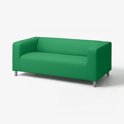 Bright green modern sofa, sleek design, four metal legs, comfortable fabric cover.