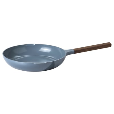 KLIPPFISK frying pan, grey-blue, aluminium, round with wooden handle, two spouts, modern design.