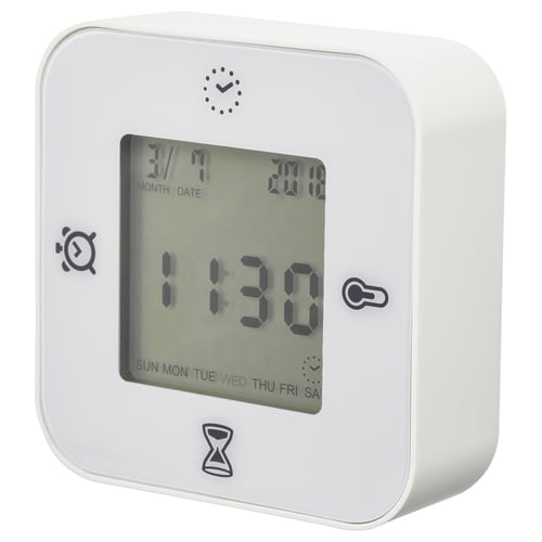 A white KLOCKIS multifunctional clock with square design and digital display for time, date, and other functions.