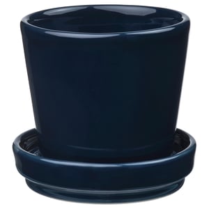 Blue KLOTLÖNN ceramic planter with saucer. Cylindrical shape, smooth finish, and simple design for versatile decor.
