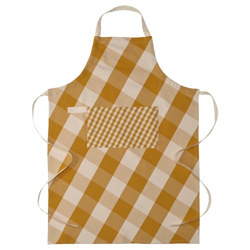 KÖSSEBÄR apron: yellow-white squares, cotton-jute, adjustable straps, front pocket.