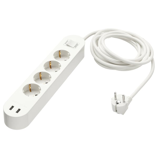 KOPPLA 4-way socket with 2 USB ports, white, 3.0 m