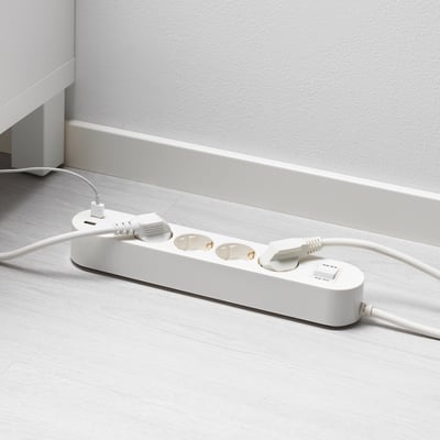 KOPPLA 4-way socket with 2 USB ports, white, 3.0 m