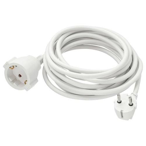 A coiled KOPPLA white extension cord with european plugs, made of pvc plastic.