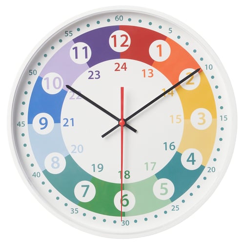 Colourful wall clock with silent quartz movement displaying hours, minutes, and seconds; vibrant colours in quarters.