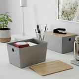 KUGGIS Box with lid, light grey/bamboo, 18x26x15 cm
