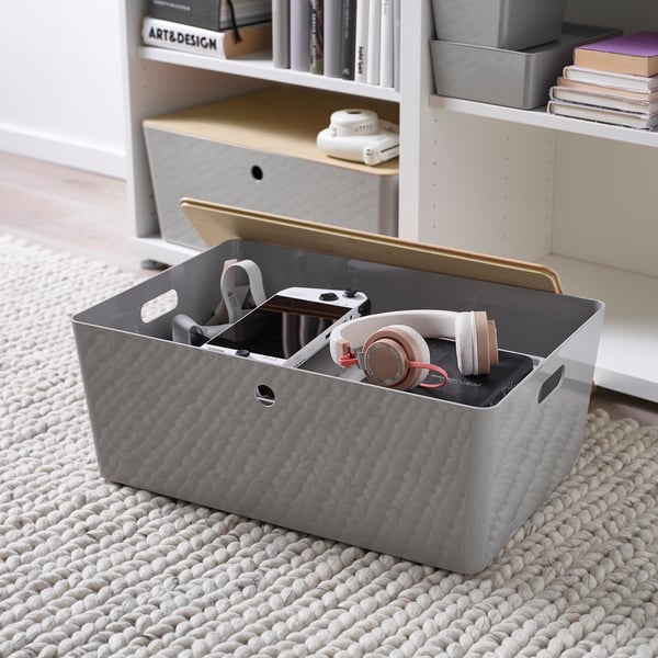 KUGGIS Box with lid, light grey/bamboo, 37x54x21 cm