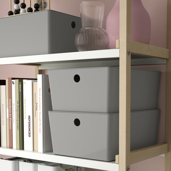 KUGGIS Box with lid, light grey, 26x35x15 cm