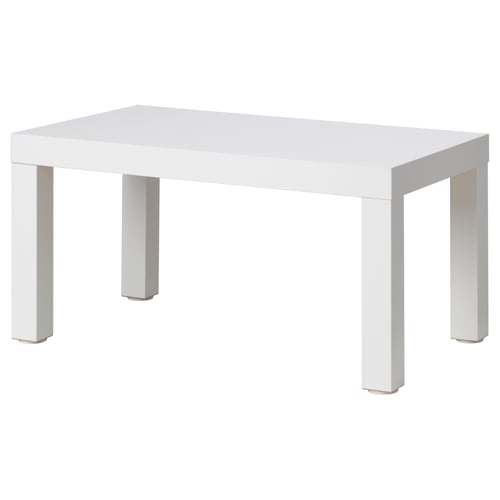 A white IKEA LACK coffee table with a rectangular top and four square legs.