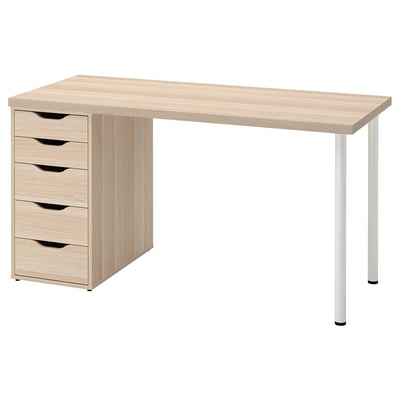 A light wood-colored LAGKAPTEN desk with two drawer units and metal legs. It a rectangular shape and a minimalist design.