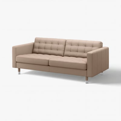 A light brown LANDSKRONA leather sofa with chrome legs, featuring a tufted back and sleek design.