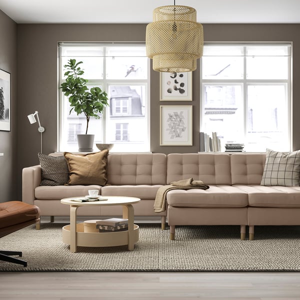 LANDSKRONA 4-seat sofa with chaise longues, Grann/Bomstad dark beige/wood