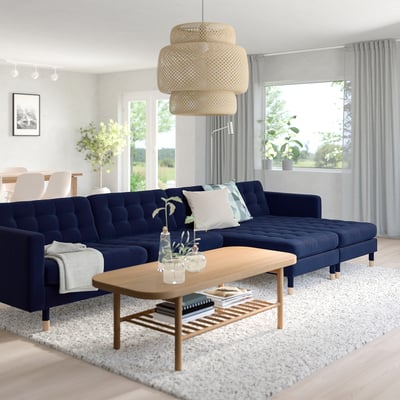 LANDSKRONA 5-seat sofa, with chaise longues/Djuparp dark blue/wood