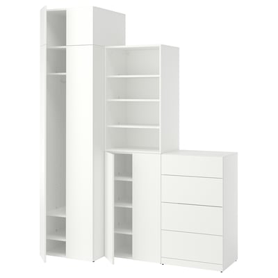 Three piece white modular storage unit set with drawers and shelves. Minimalist modern design.