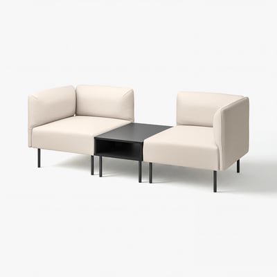 Modern minimalist cream-colored modular sofa set with black coffee table.