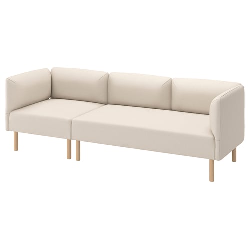 Modern cream-colored sectional sofa with beige fabric and wooden legs. Minimalist and comfortable design.