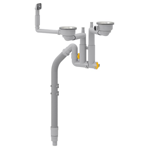 Depicts a LILLVIKEN kitchen drain system in grey, made of polypropylene plastic with stainless steel components and flexible hoses.