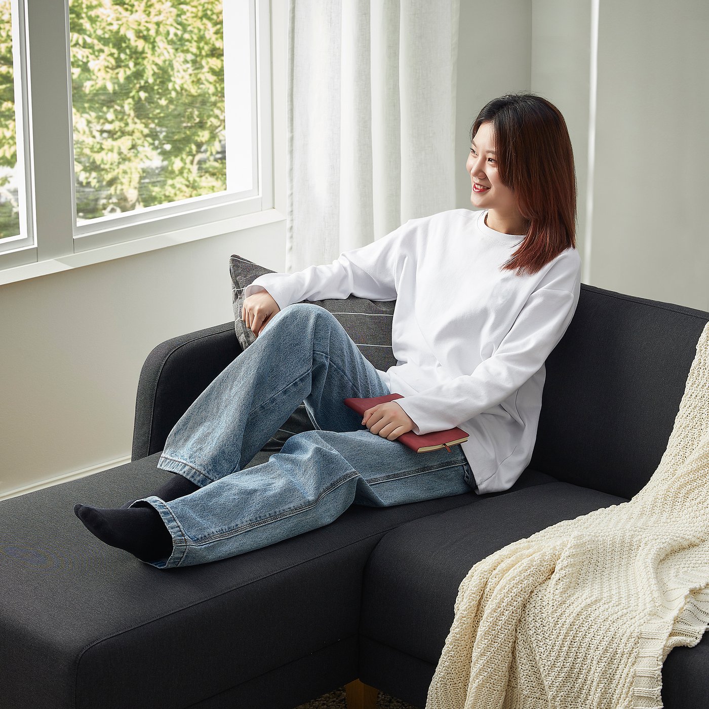 LINANÄS 3-seat sofa, with chaise longue/Vissle dark grey - IKEA