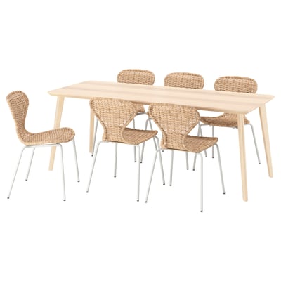 LISABO / ÄLVSTA Table and 6 chairs, ash veneer/rattan white, 200x78 cm