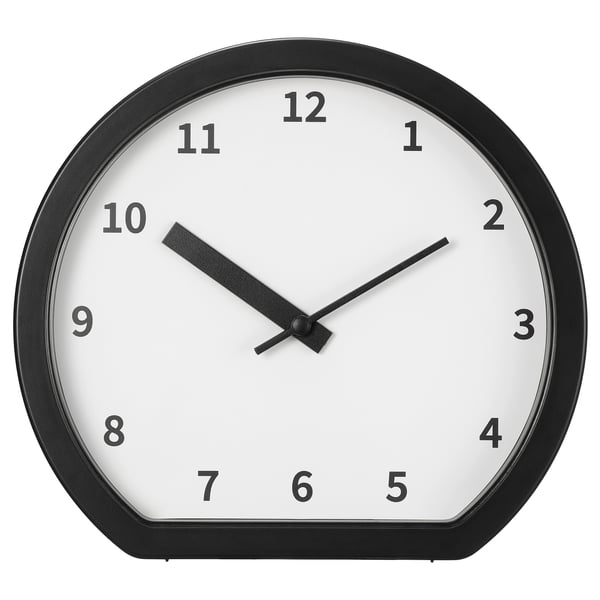 Black modern round clock with white face and black hands, displaying time as 10:10. Made from recycled abs plastic.