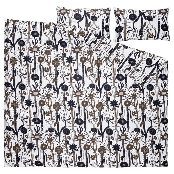 LUNDSKAFTING Duvet cover and 2 pillowcases, white/black/brown, 200x230/50x80 cm