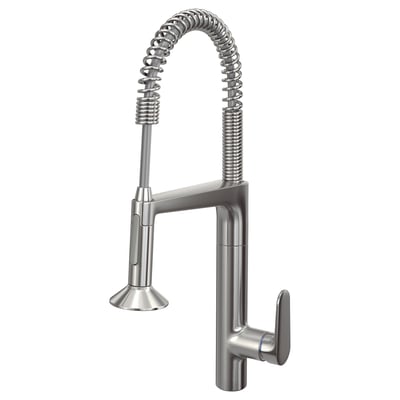 MAJSJÖN metallic silver tap with flexible spout, single handle, modern design.