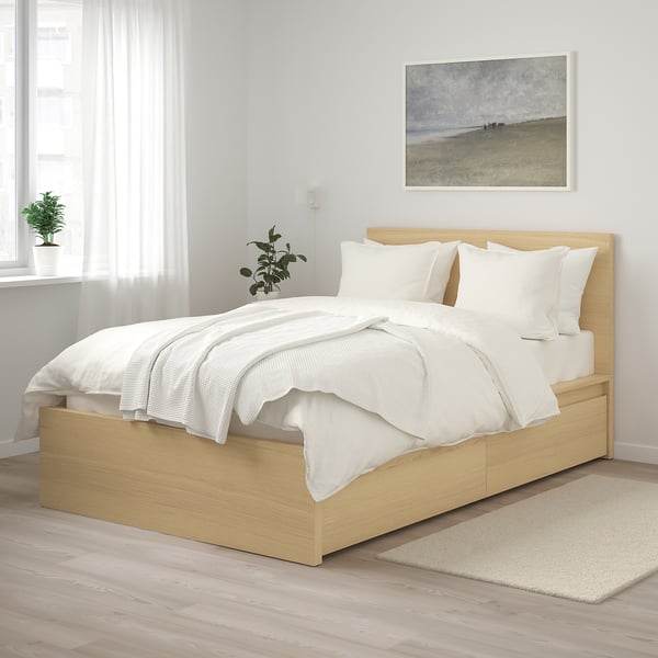 MALM Bed frame, high, w 2 storage boxes, white stained oak veneer/Luröy, 120x200 cm
