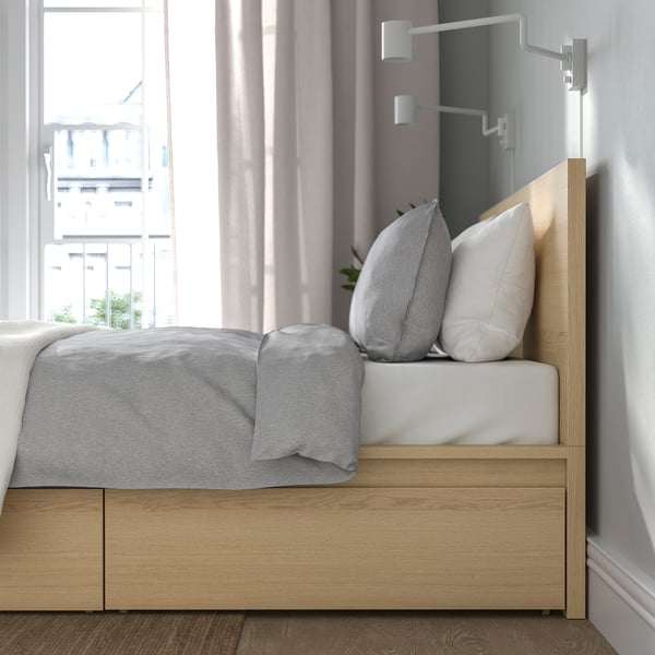 MALM Bed frame, high, w 4 storage boxes, white stained oak veneer/Lönset, 150x200 cm