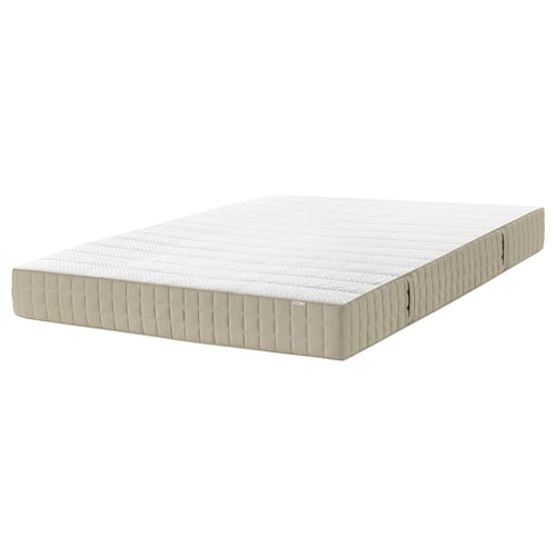 Depicts a white MAUSUND mattress with a beige, textured side, made of natural materials.