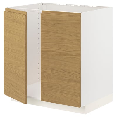 METOD Base cabinet for sink + 2 doors, white/Voxtorp oak effect, 80x60x80 cm