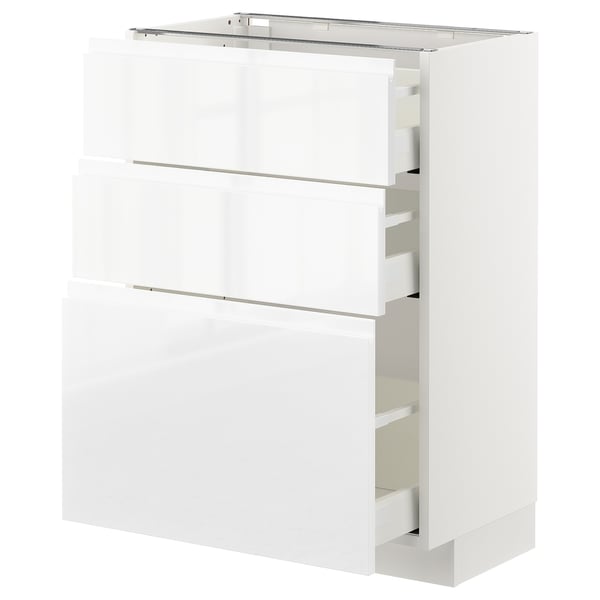 METOD Base cabinet with 3 drawers, white Maximera/Voxtorp high-gloss/white, 60x37x80 cm