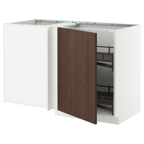 White modern kitchen cabinet with dark brown door, wood edging, pull-out shelf.