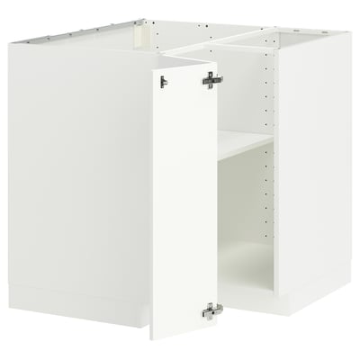 White METOD kitchen cabinet set, glossy finish, modern design, corner base with adjustable shelves.