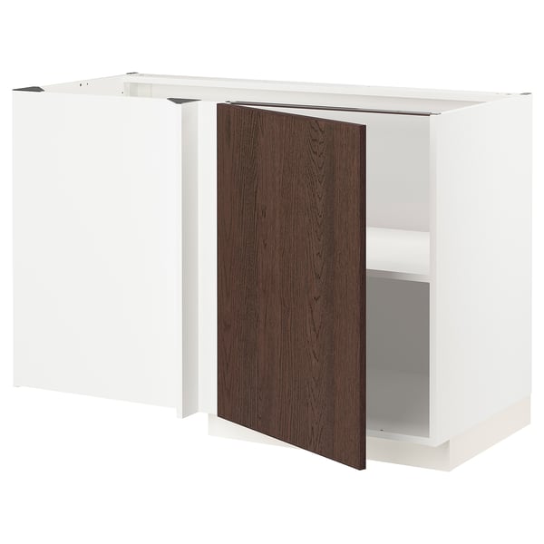 METOD Corner base cabinet with shelf, white/Sinarp brown, 128x68x80 cm