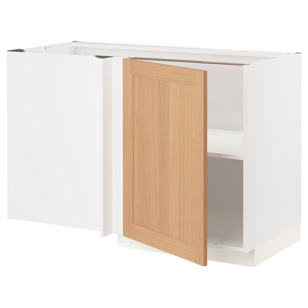 METOD Corner base cabinet with shelf, white/Vedhamn oak, 128x68x80 cm