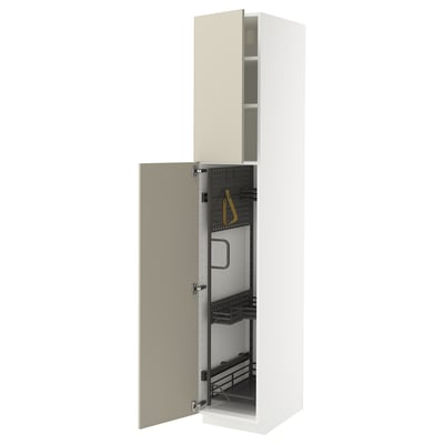 METOD High cabinet with cleaning interior, white/Havstorp beige, 40x60x220 cm