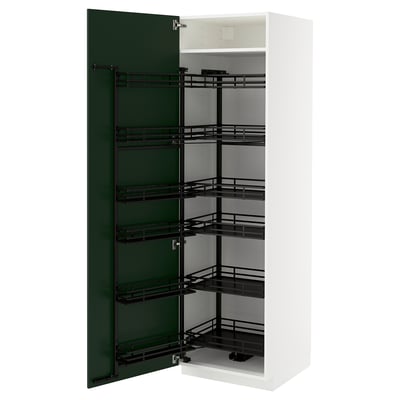 White ikea METOD kitchen cabinet with green door, multiple metallic racks, modern design.