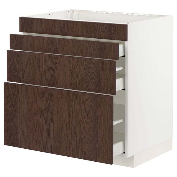 METOD / MAXIMERA Base cab f hob/4 fronts/3 drawers, white/Sinarp brown, 80x60x80 cm