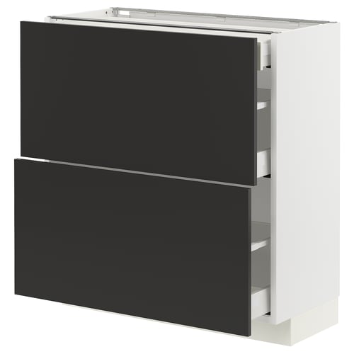 Modern black METOD kitchen cabinet with white frame, square shape, and sleek drawers.