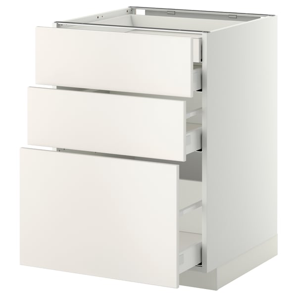 White METOD kitchen cabinet with three drawers, smooth surfaces, and sleek modern design.