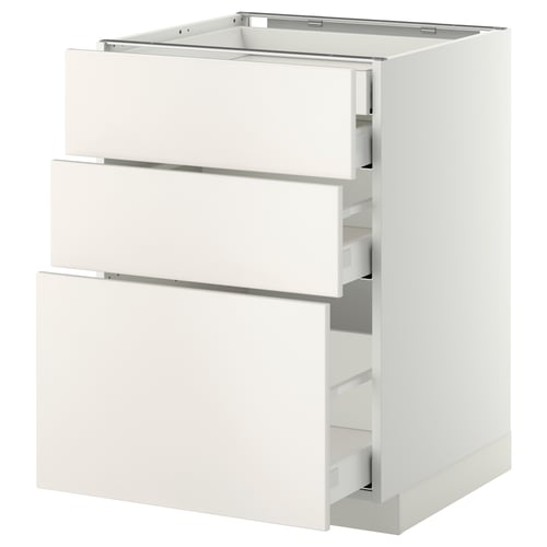 White METOD kitchen cabinet with three drawers, smooth surfaces, and sleek modern design.
