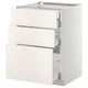 White METOD kitchen cabinet with three drawers, smooth surfaces, and sleek modern design.