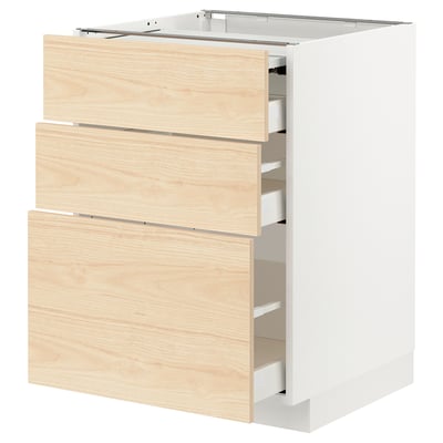 METOD / MAXIMERA Bc w pull-out work surface/3drw, white/Askersund light ash effect, 60x60x80 cm