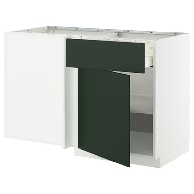 METOD / MAXIMERA Corner base cab w drawer and shelf, white/Havstorp deep green, 128x68x80 cm